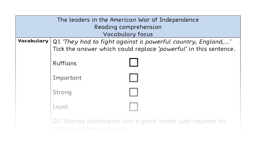 Reading comp- vocab - The leaders in the American War of Independence