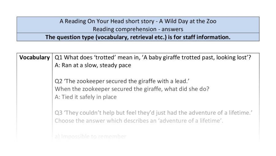 Reading comprehension - VRSIPE - A Wild Day at the Zoo - answers
