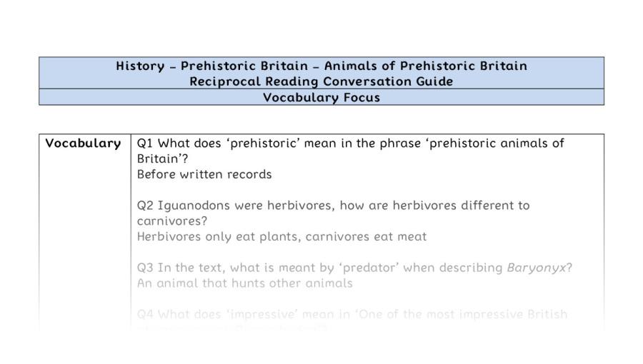 Reciprocal Reading Conversation - Animals of Prehistoric Britain - Vocabulary Focus