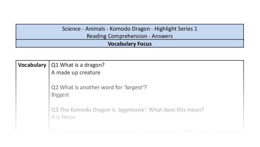 Reading Comprehension - Komodo Dragon - Highlight Series 1 - Vocabulary Focus