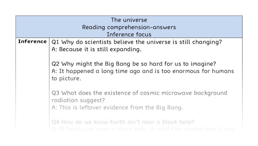 Reading comprehension - inference - The universe - answers