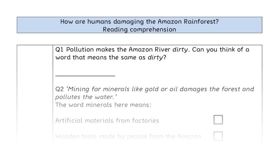 Reading comp-VRSIPE-How are humans damaging the Amazon Rainforest