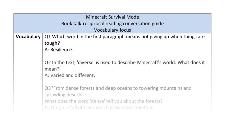 Reciprocal reading - vocabulary - Minecraft Survival Mode
