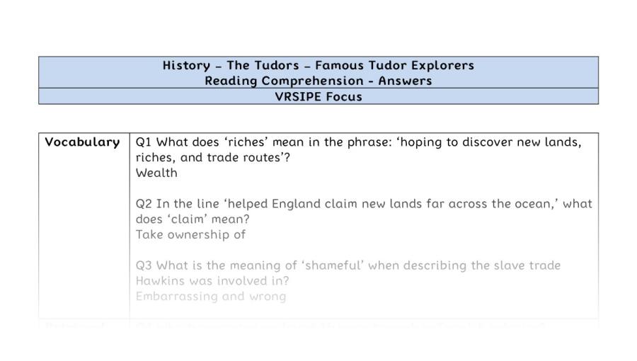 Reading comprehension - famous Tudor explorers - VRSIPE-answers