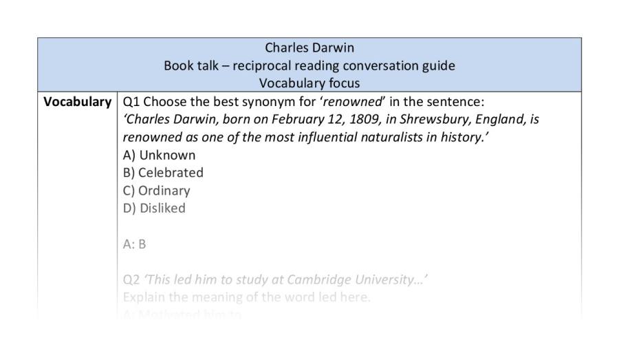 Reciprocal reading - vocabulary - Charles Darwin