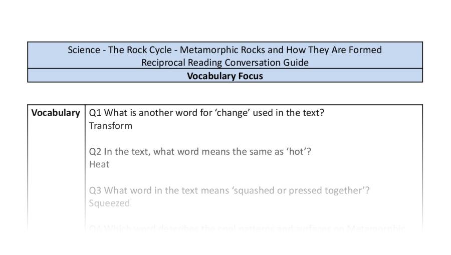 Reciprocal Reading Conversation - Metamorphic Rocks and How They Are Formed - Vocabulary Focus