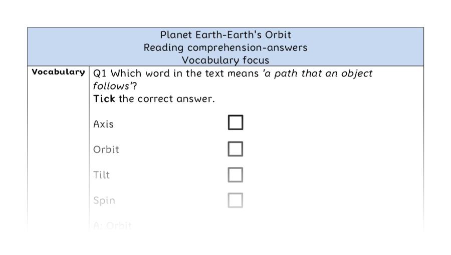 Reading comprehension - vocabulary - Planet Earth-Earths Orbit - answers