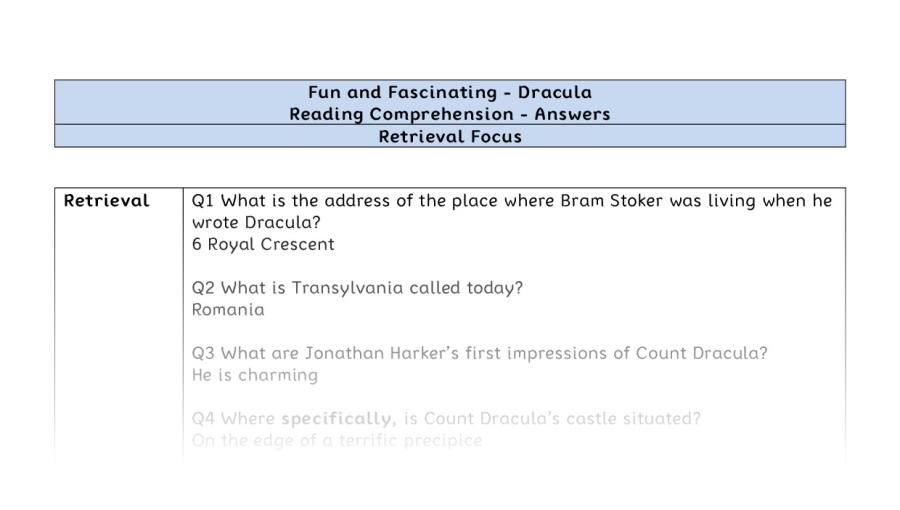 Reading Comprehension - Dracula - UKS2 - Retrieval Focus