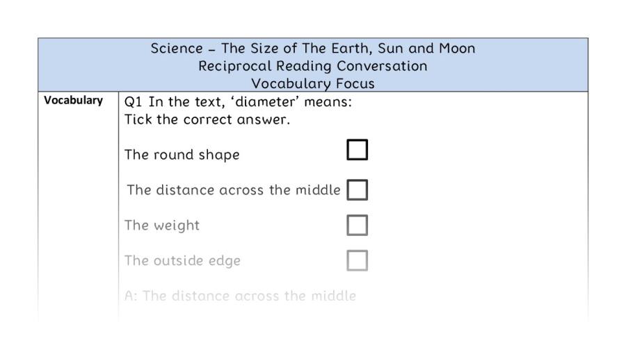 The Size of The Earth, Sun and Moon - Reciprocal Reading Conversation - Vocabulary Focus