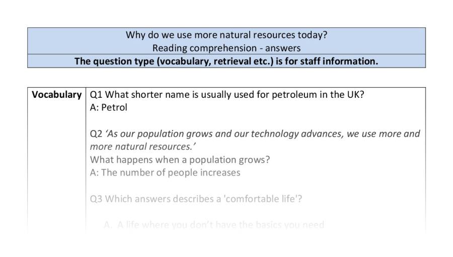Reading comprehension - VRSIPE - Why do we use more natural resources today