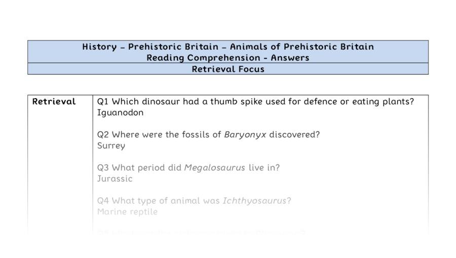 Reading Comprehension - Animals of Prehistoric Britain - Retrieval Focus