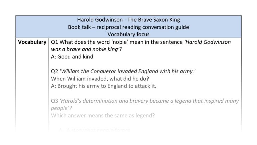 Reciprocal reading - vocabulary - Harold Godwinson - The Brave Saxon King