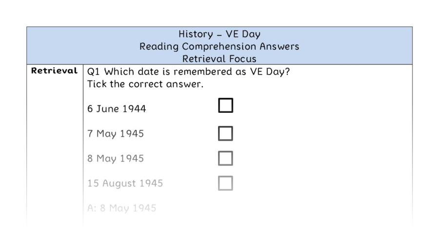 VE Day - Reading Comprehension Answers - Retrieval Focus
