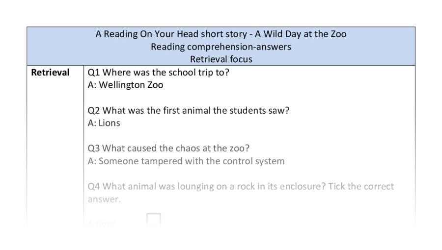 Reading comprehension - retrieval - A Wild Day at the Zoo - answers