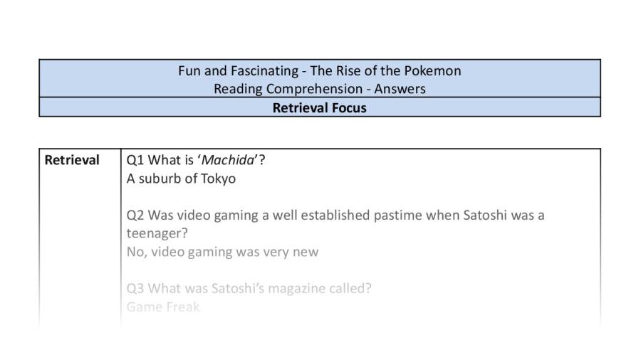 Reading Comprehension - The Rise of the Pokemon - Highlight Series 2 - Retrieval Focus