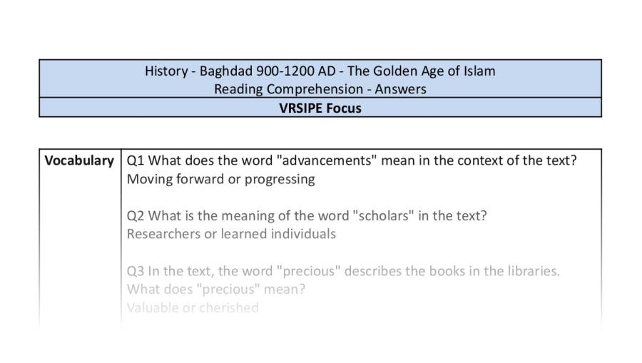 Reading comprehension-VRSIPE - The Golden Age of Islam - answers