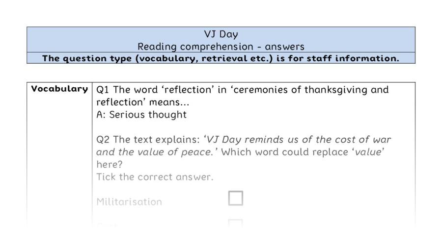 Reading comprehension - VRSIPE - VJ Day - answers