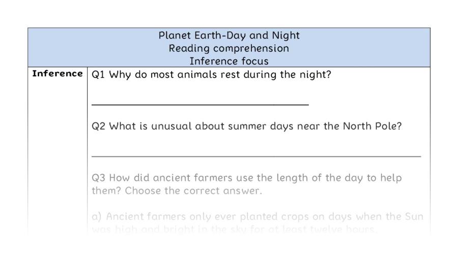 Reading comprehension - inference - Planet Earth-Day and Night