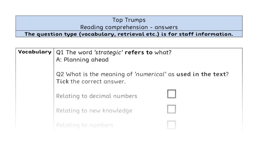 Reading comprehension - VRSIPE - Top Trumps - answers
