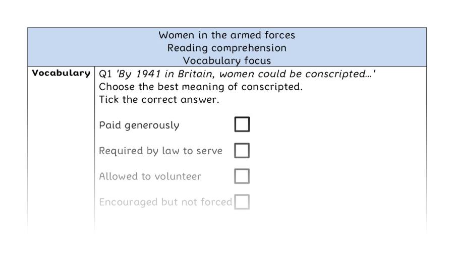 Reading comprehension - vocabulary - Women in the armed forces