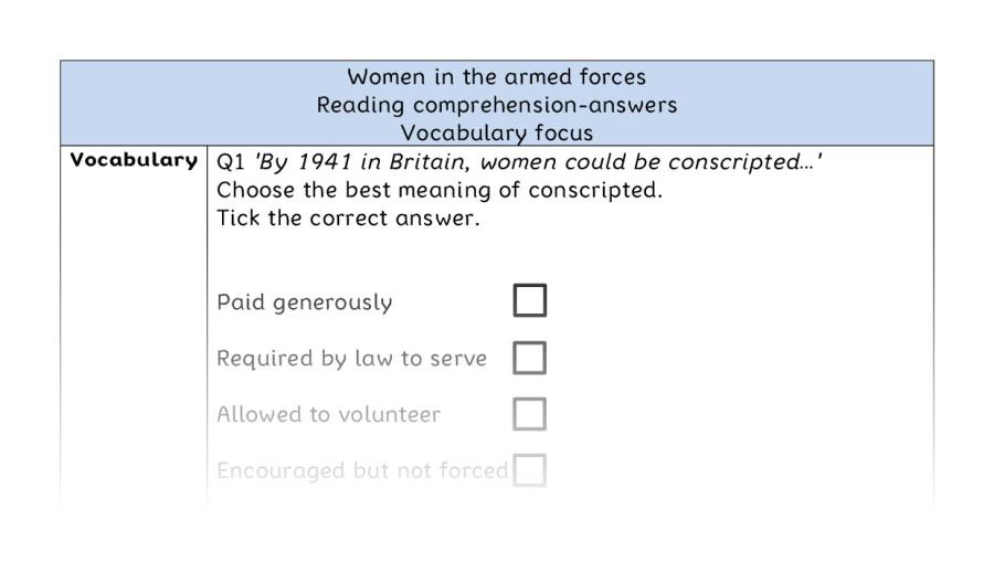 Reading comprehension - vocabulary - Women in the armed forces - answers