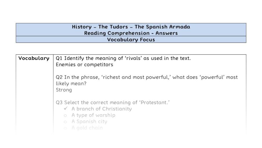 Reading Comprehension-The Spanish Armada-vocabulary-answers