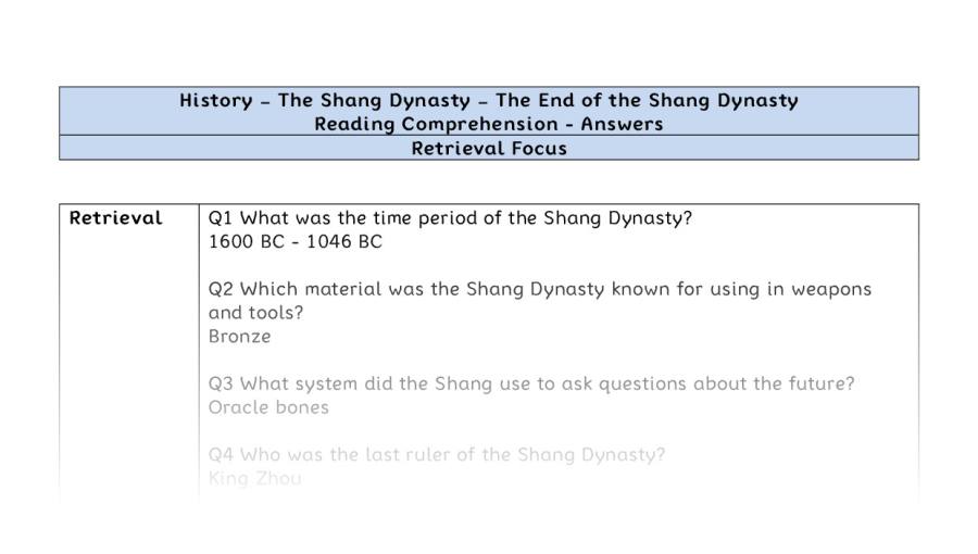 Reading Comprehension - The End of the Shang Dynasty - Retrieval Focus