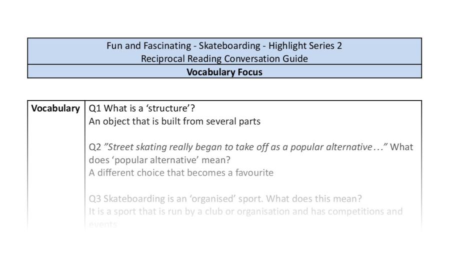Reciprocal Reading Conversation - Skateboarding - Highlight Series 2 - Vocabulary Focus