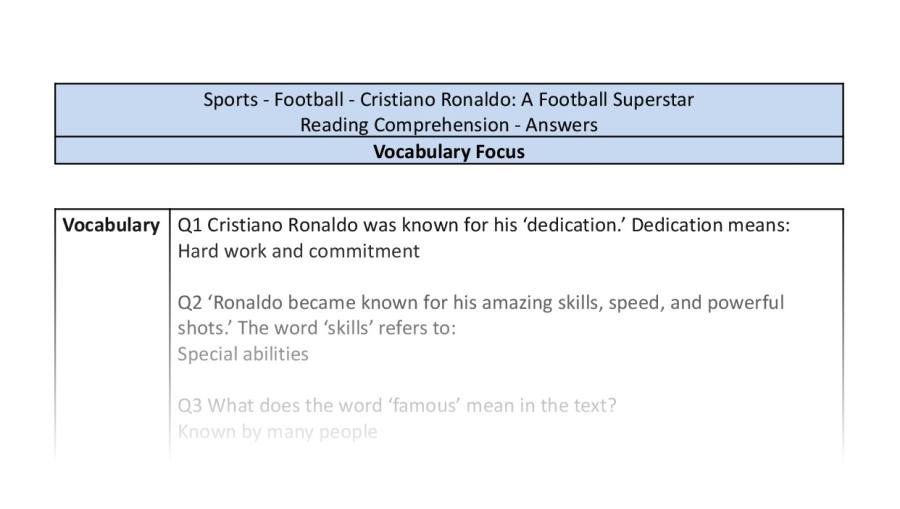 Reading Comprehension - Cristiano Ronaldo A Football Superstar - Vocabulary Focus