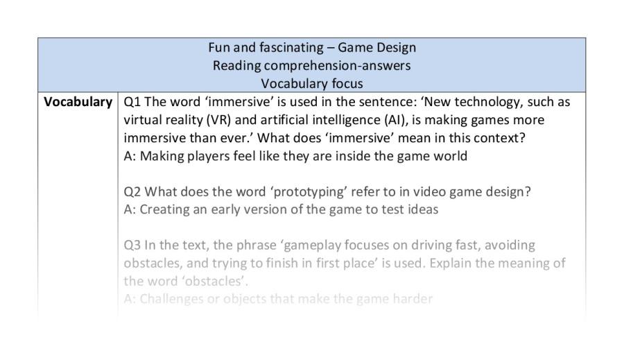 Reading comprehension - vocabulary - Game Design