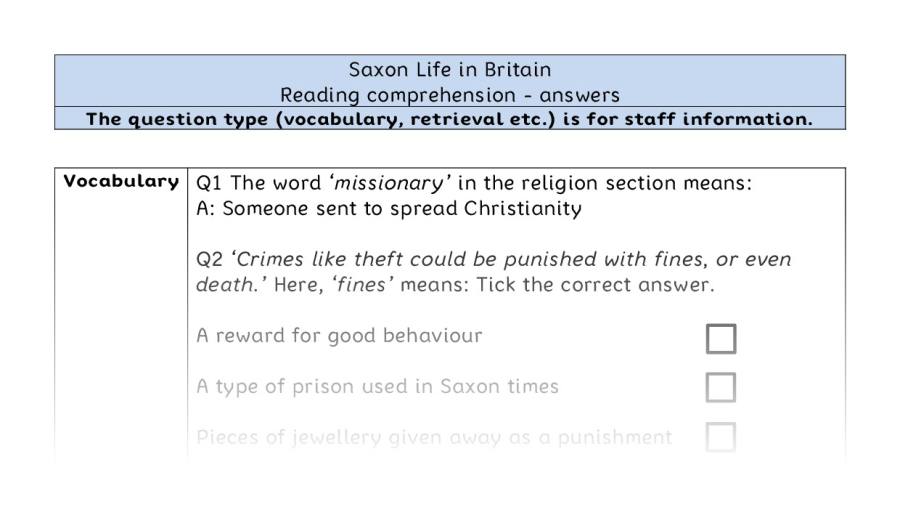 Reading comprehension VRSIPE - Saxon Life in Britain - answers