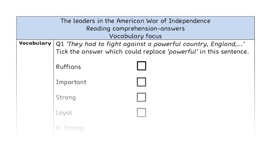 Reading comp- vocab - The leaders in the American War of Independence - answers