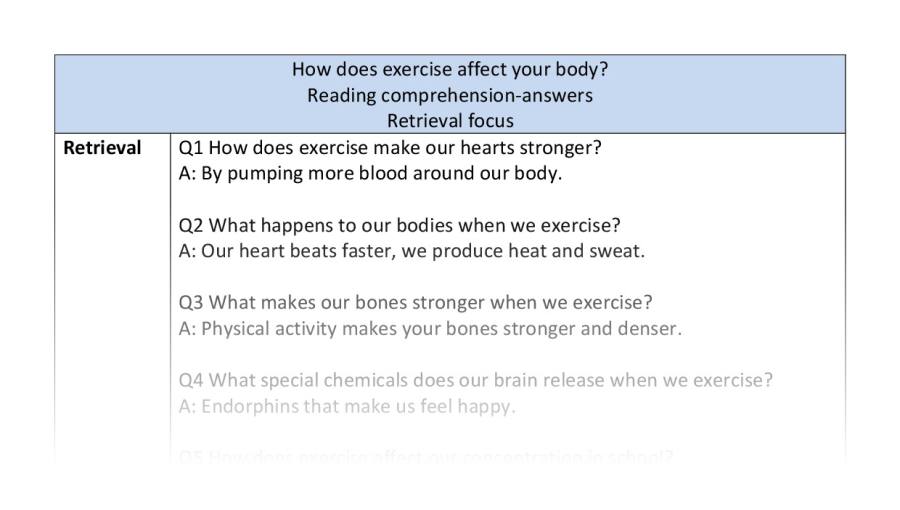 Reading comprehension - retrieval - How does exercise affect your body - answers