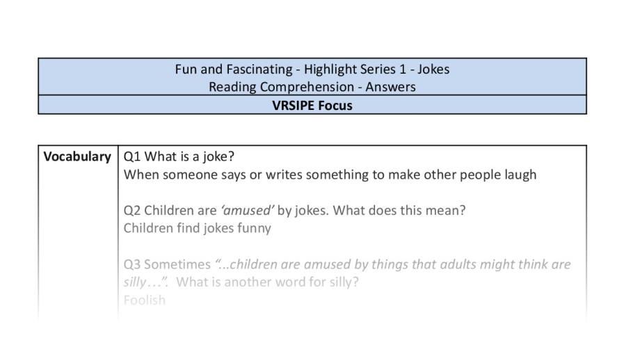 Reading Comprehension - Jokes - Highlight Series 1 - VRSIPE Focus