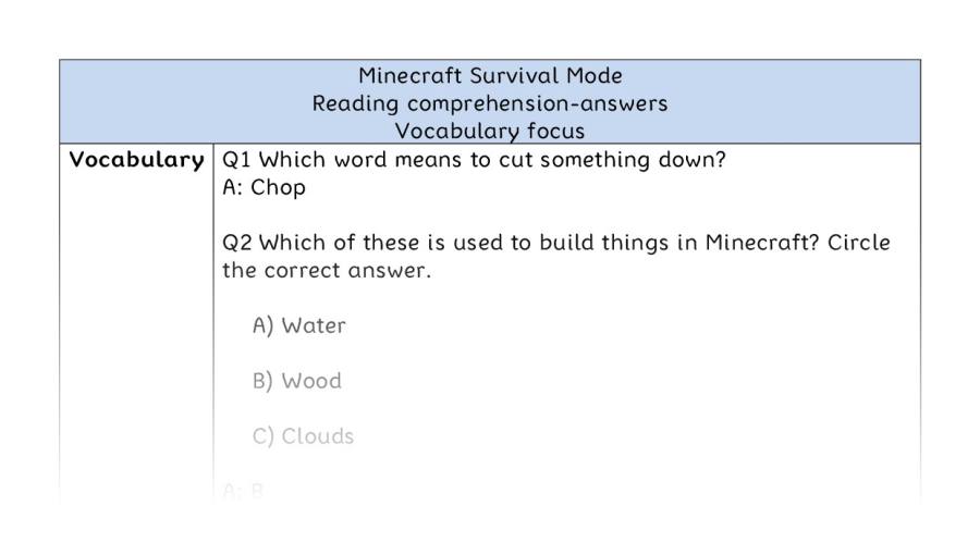 Reading comprehension-Minecraft Survival Mode-vocabulary - answers