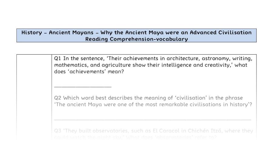 Reading Comprehension - Why the Ancient Maya were an Advanced Civilisation - Vocabulary Focus
