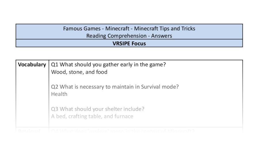 Reading Comprehension - Minecraft Tips and Tricks - VRSIPE Focus