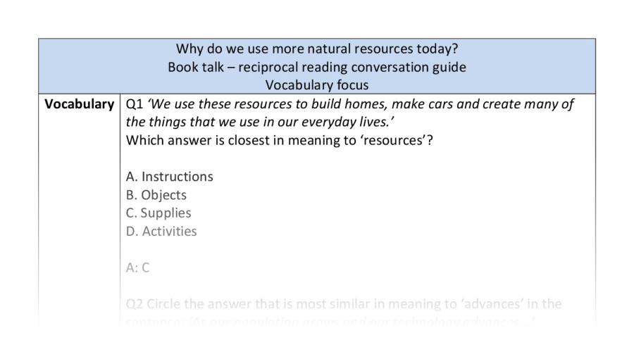 Reciprocal reading - vocabulary - Why do we use more natural resources today