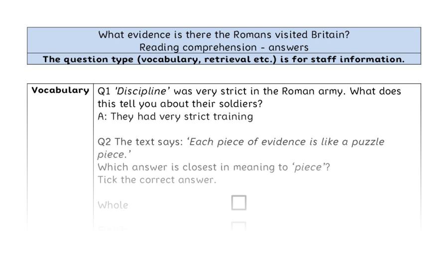 Reading comprehension VRSIPE -evidence the Romans visited Britain - answers