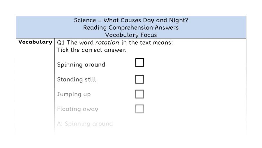 What Causes Day and Night - Reading Comprehension Answers - Vocabulary Focus