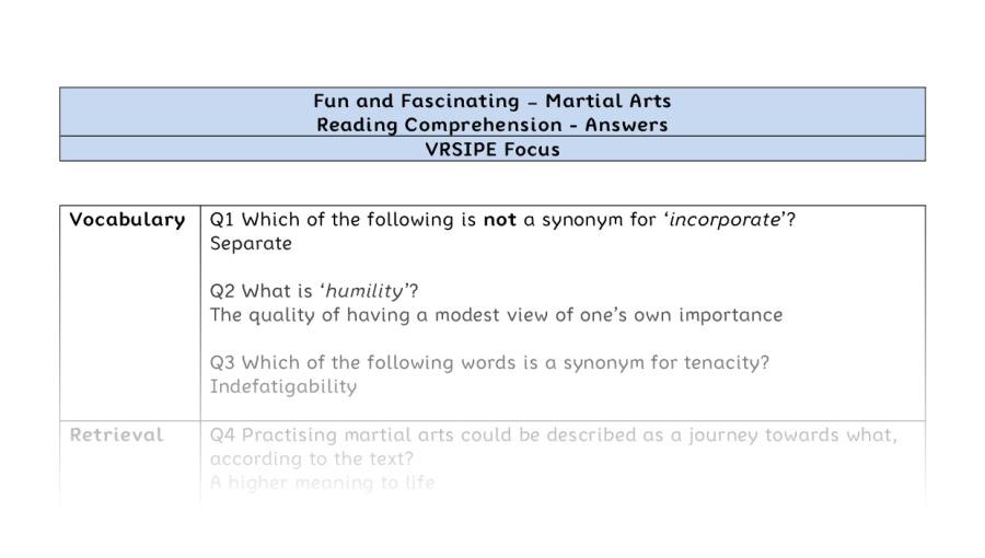 Reading Comprehension - Martial Arts - Year 7 - VRSIPE Focus