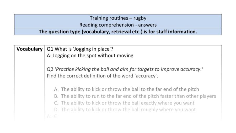 Reading comprehension - VRSIPE - Training routines - rugby - answers