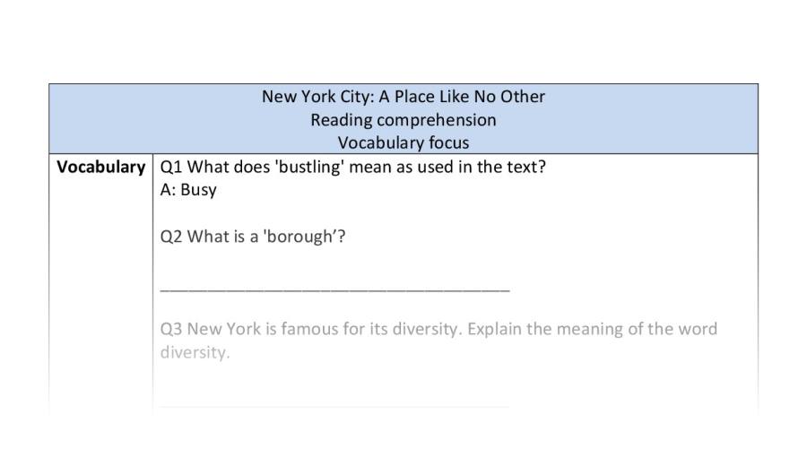 Reading comprehension - vocabulary - New York
