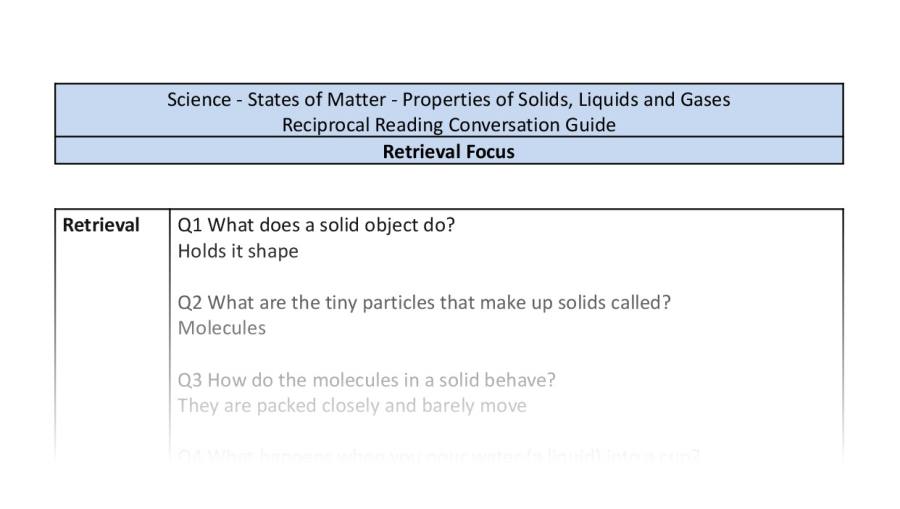 Reciprocal Reading Conversation - Properties of Solids, Liquids and Gases - Retrieval Focus