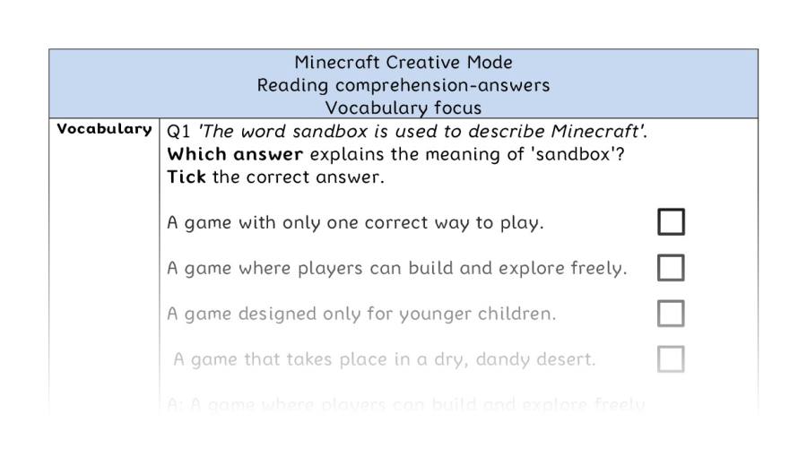 Reading comprehension - vocabulary - Minecraft Creative Mode - answers