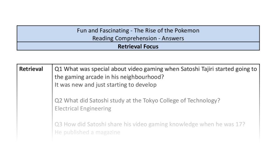 Reading Comprehension - The Rise of the Pokemon - UKS2 - Retrieval Focus