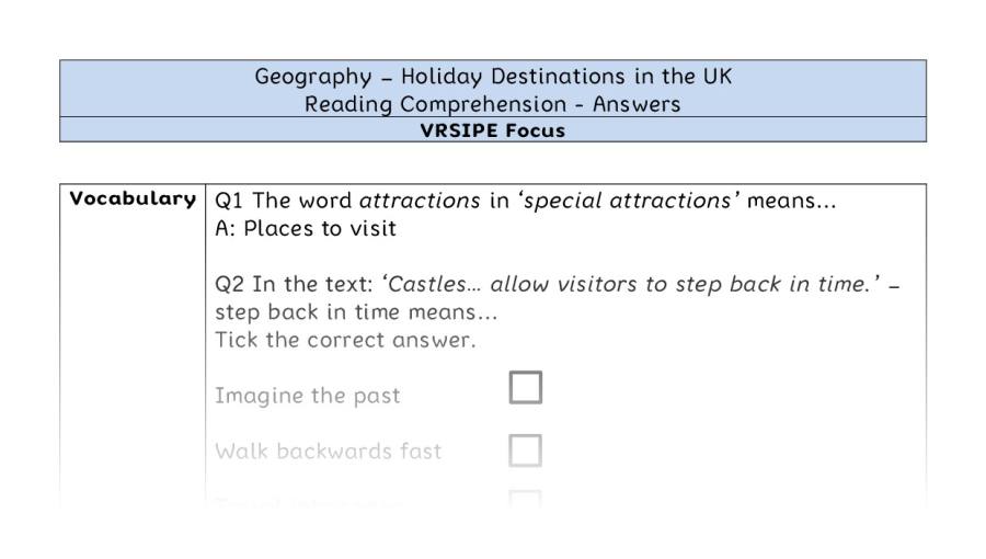 Holiday Destinations in the UK - Reading Comprehension Answers - VRSIPE Focus