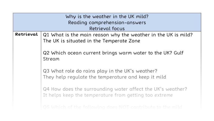 Reading comprehension - retrieval - Why is the weather in the UK mild - answers