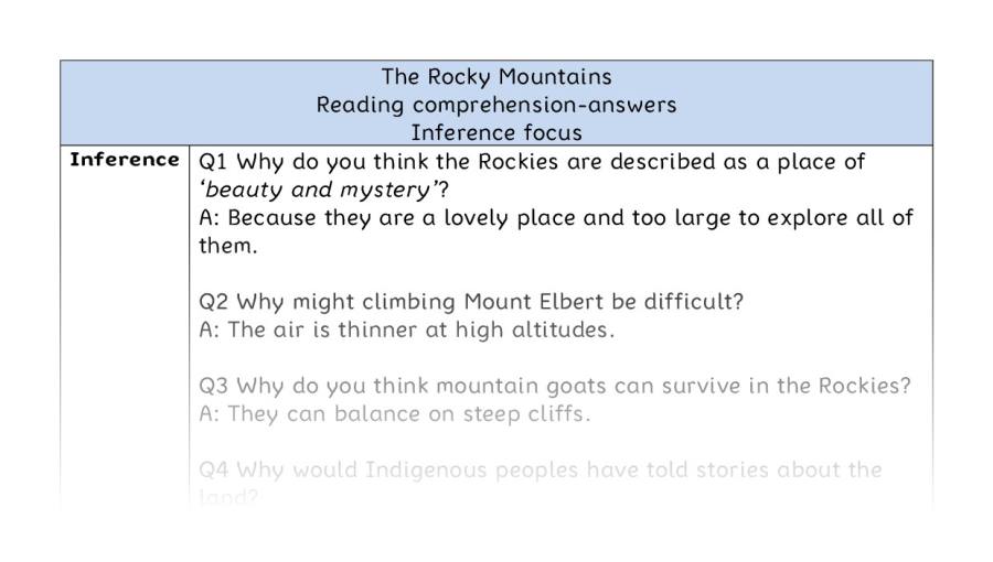 Reading comprehension - inference - The Rocky Mountains - answers