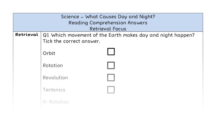 What Causes Day and Night - Reading Comprehension Answers - Retrieval Focus